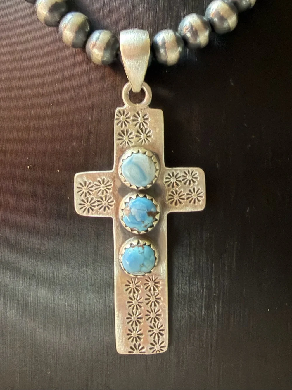 Sterling Silver Cross Pendant Necklace with Golden Hills Turquoise Beads